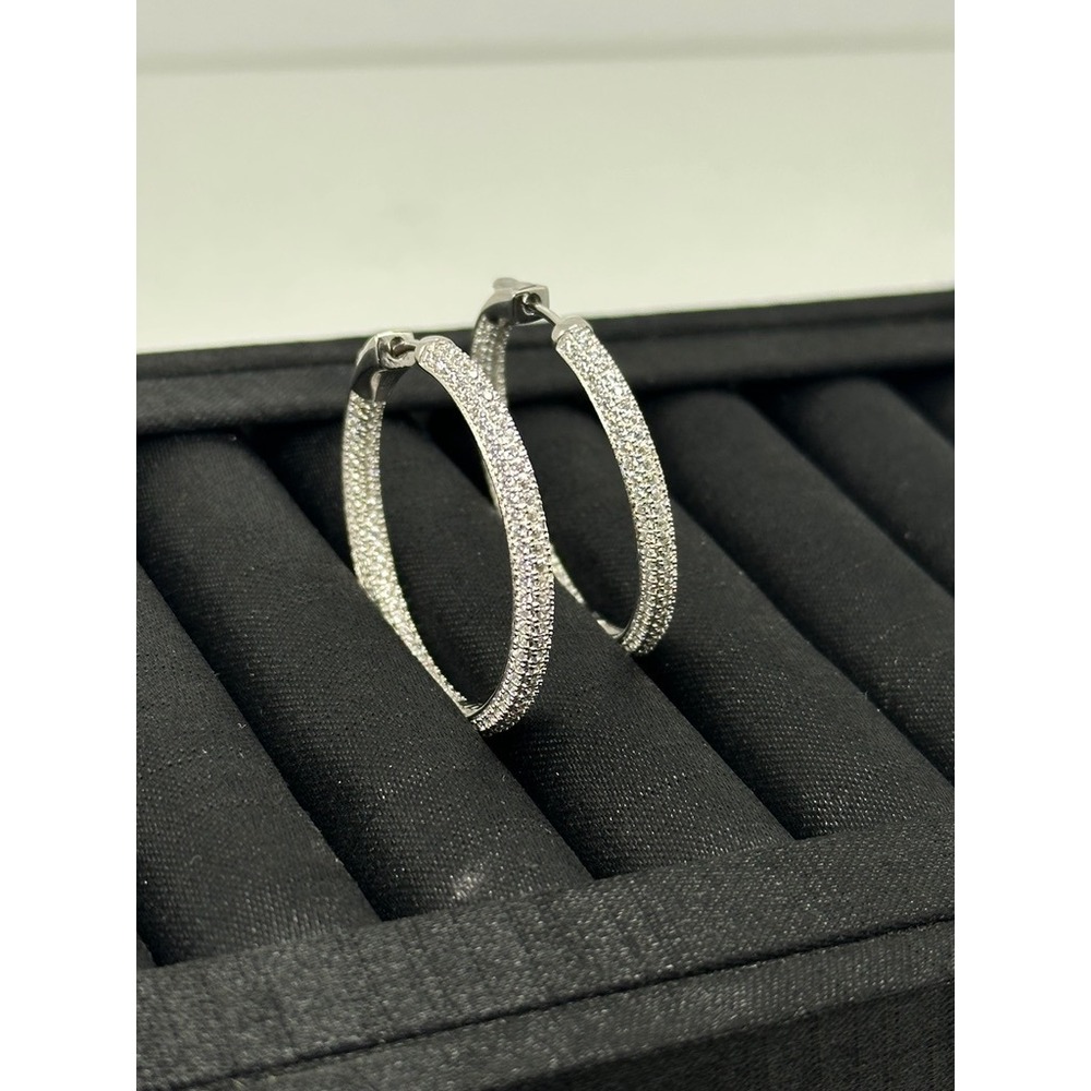 Sterling Silver 925 Inside Out CZ Hoop Earrings Pave Cubic Zirconia 1.5 Inch - Picture 8 of 11